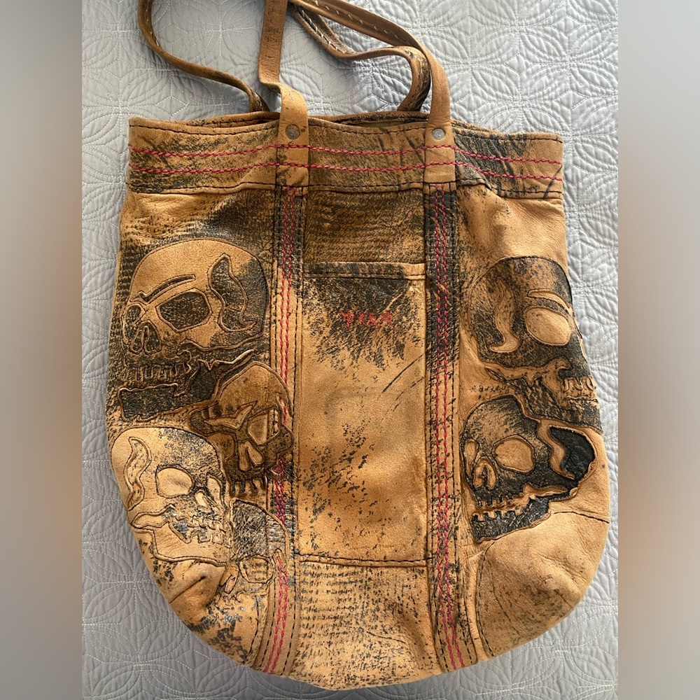 Genuine Suede Skull Print Tan Tote Bag